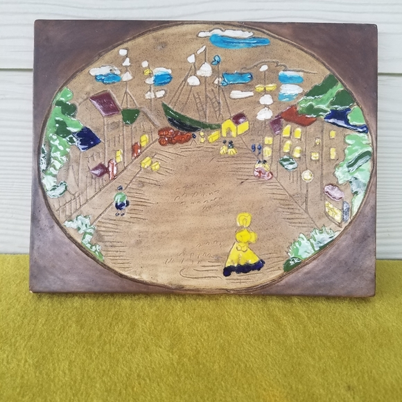 Vintage 70s Ceramic Tile Old Wold Harbor Town Scene Vtg Whimsical Unique Decor - Picture 2 of 9